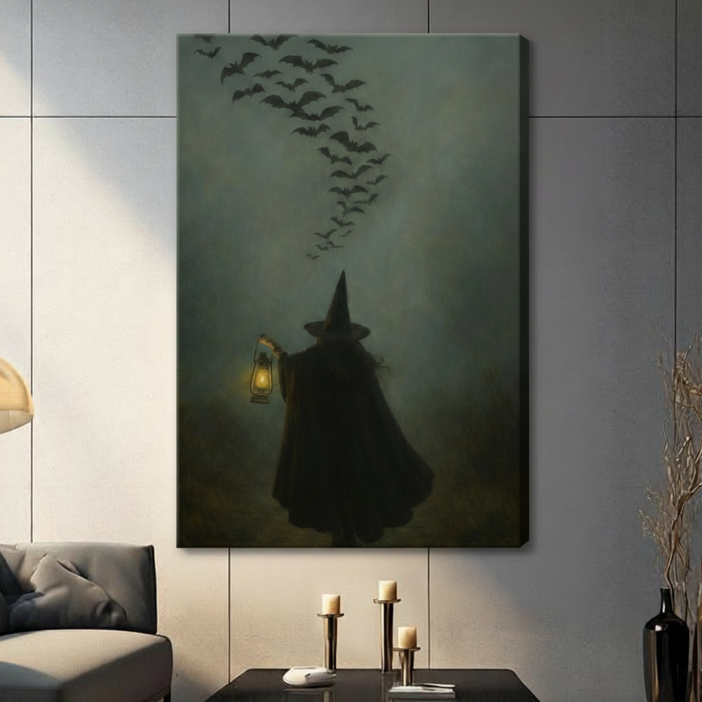 Gothic Witch Lantern Bats Night Canvas Art Wall Art