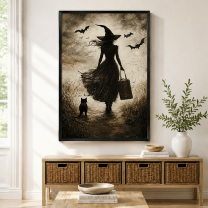 Gothic Witch Black Cat Dark Canvas Wall Art