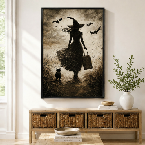 Gothic Witch Black Cat Dark Canvas Wall Art