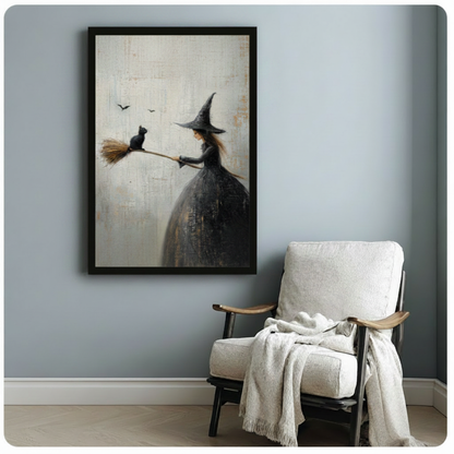 Witch Black Cat Broom Gothic Canvas Art Wall Art