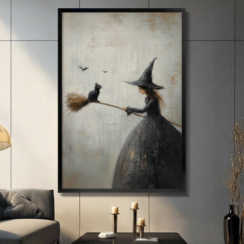 Witch Black Cat Broom Gothic Canvas Art Wall Art