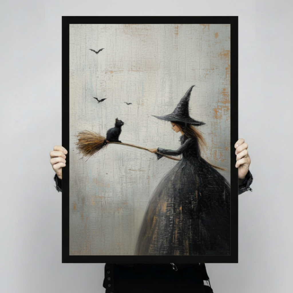 Witch Black Cat Broom Gothic Canvas Art Wall Art