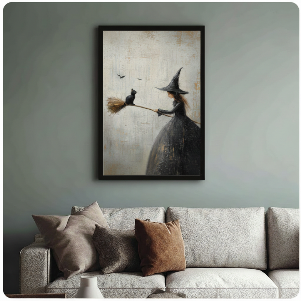 Witch Black Cat Broom Gothic Canvas Art Wall Art