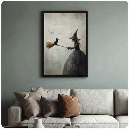 Witch Black Cat Broom Gothic Canvas Art Wall Art