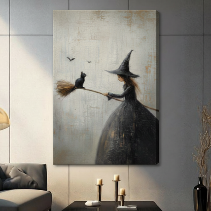 Witch Black Cat Broom Gothic Canvas Art Wall Art