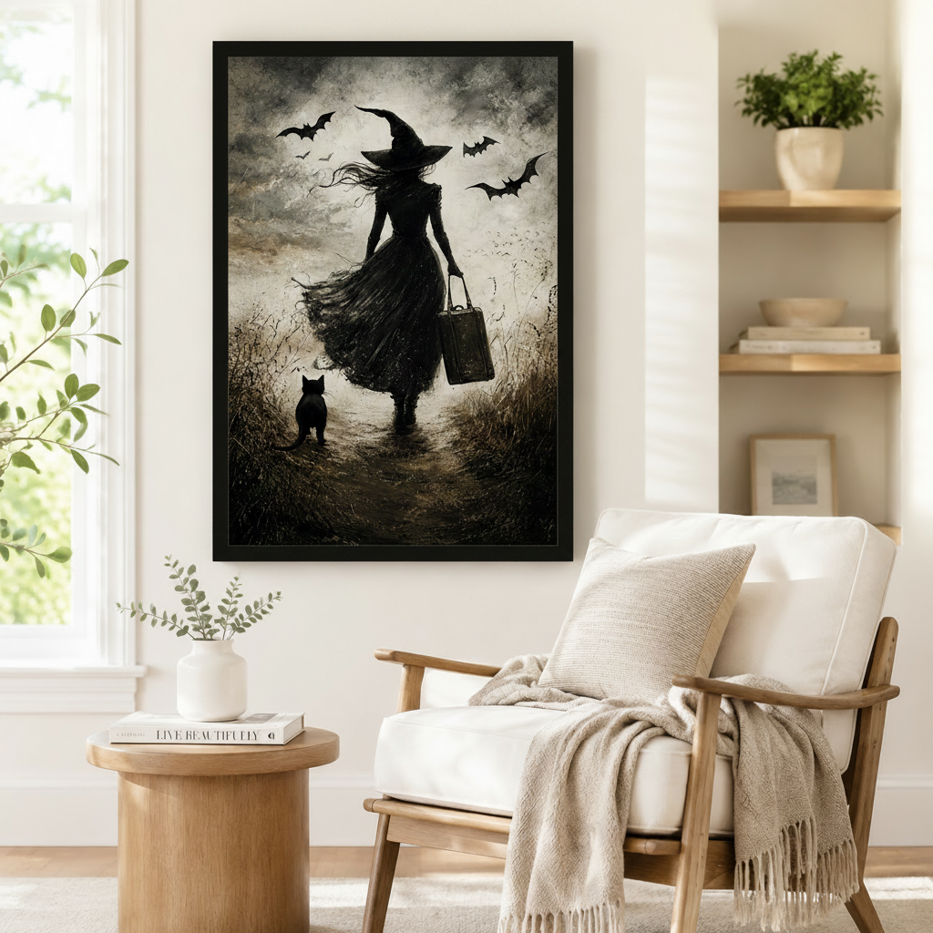 Gothic Witch Black Cat Dark Canvas Wall Art