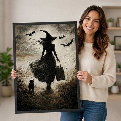 Gothic Witch Black Cat Dark Canvas Wall Art