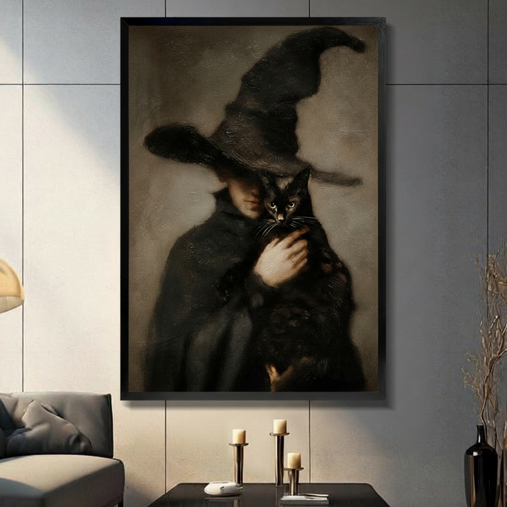 Dark Witch & Black Cat Canvas Wall Art