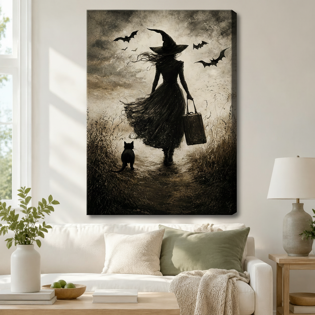 Gothic Witch Black Cat Dark Canvas Wall Art