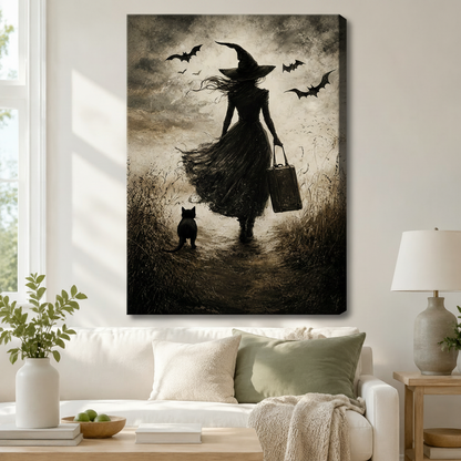 Gothic Witch Black Cat Dark Canvas Wall Art