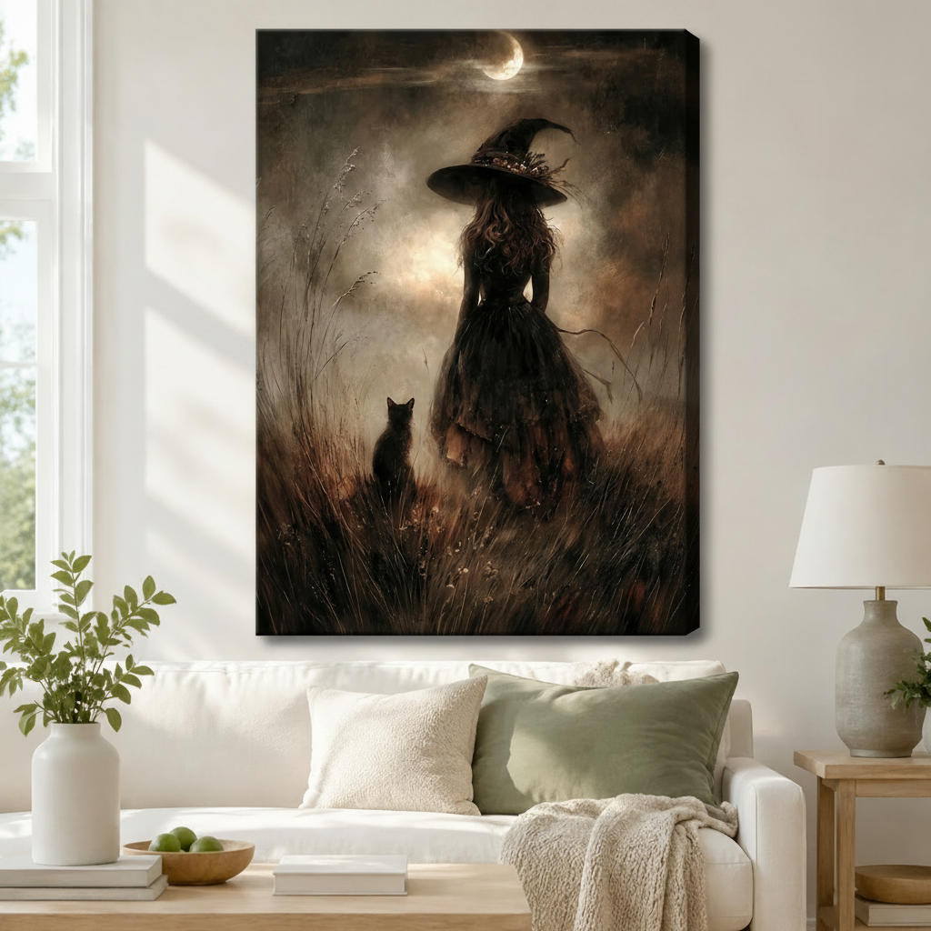 Moonlit Witch Black Cat Gothic Canvas Wall Art