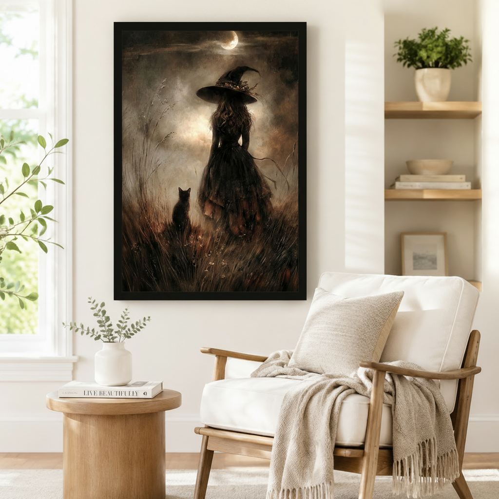 Moonlit Witch Black Cat Gothic Canvas Wall Art