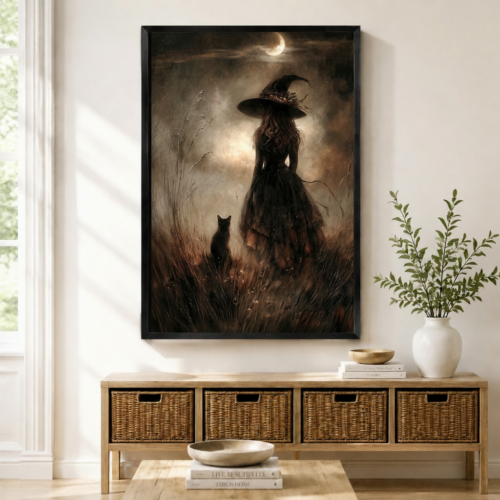 Moonlit Witch Black Cat Gothic Canvas Wall Art