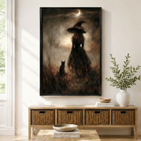 Moonlit Witch Black Cat Gothic Canvas Wall Art