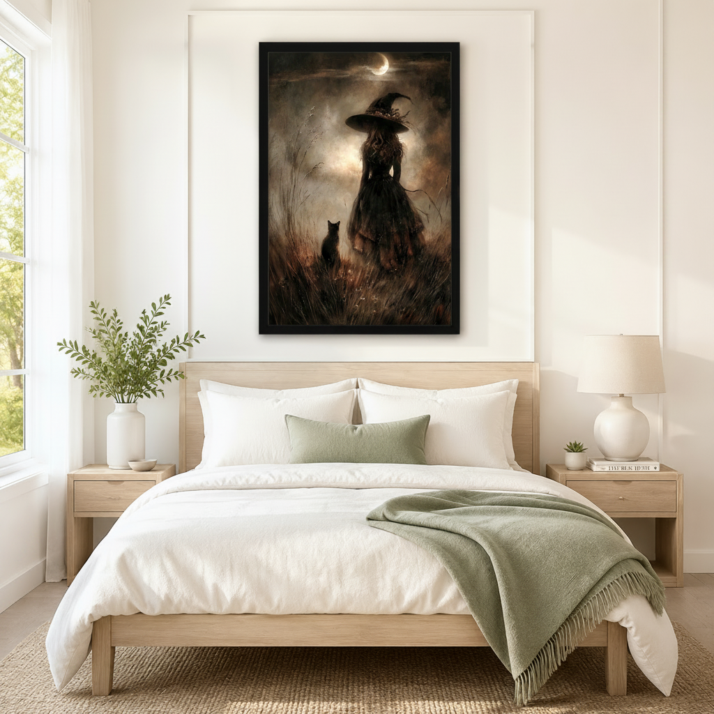 Moonlit Witch Black Cat Gothic Canvas Wall Art