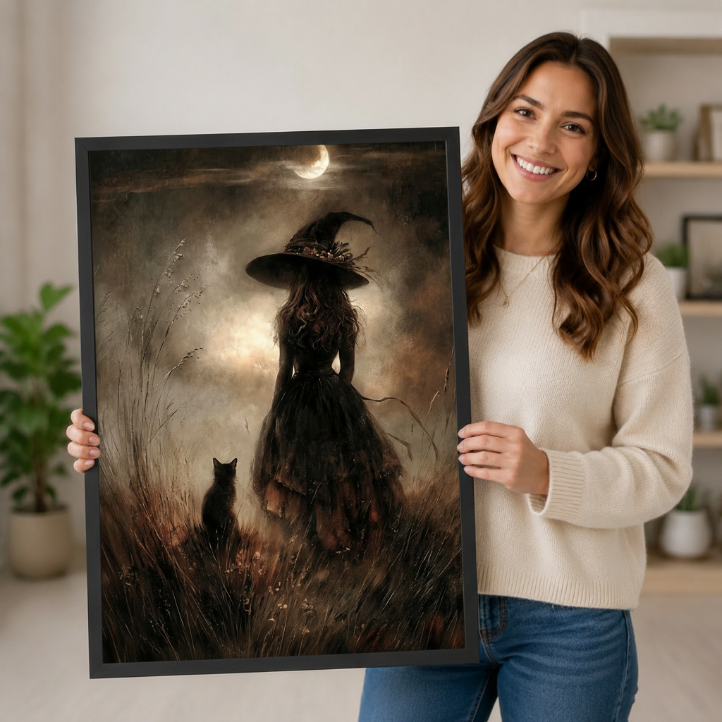 Moonlit Witch Black Cat Gothic Canvas Wall Art