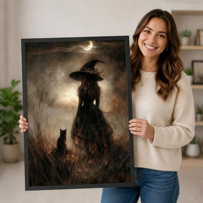 Moonlit Witch Black Cat Gothic Canvas Wall Art