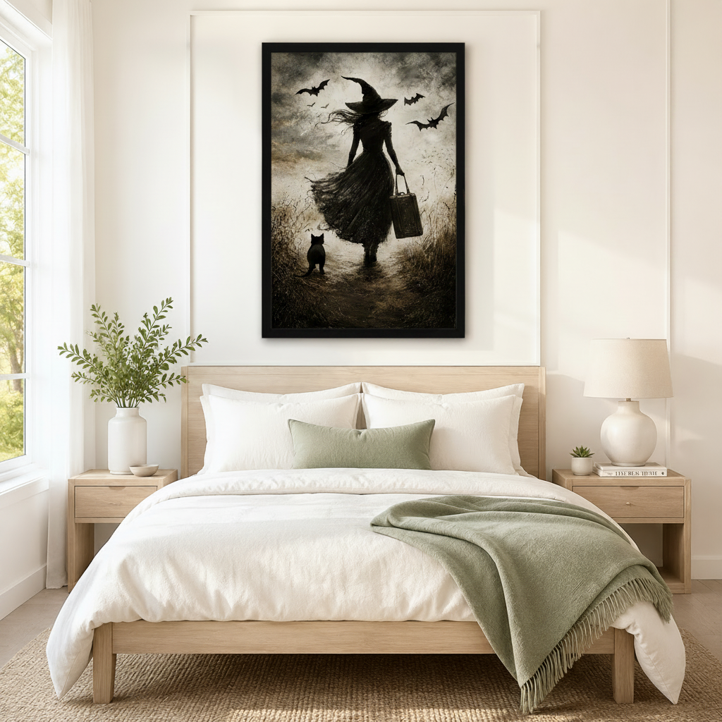 Gothic Witch Black Cat Dark Canvas Wall Art