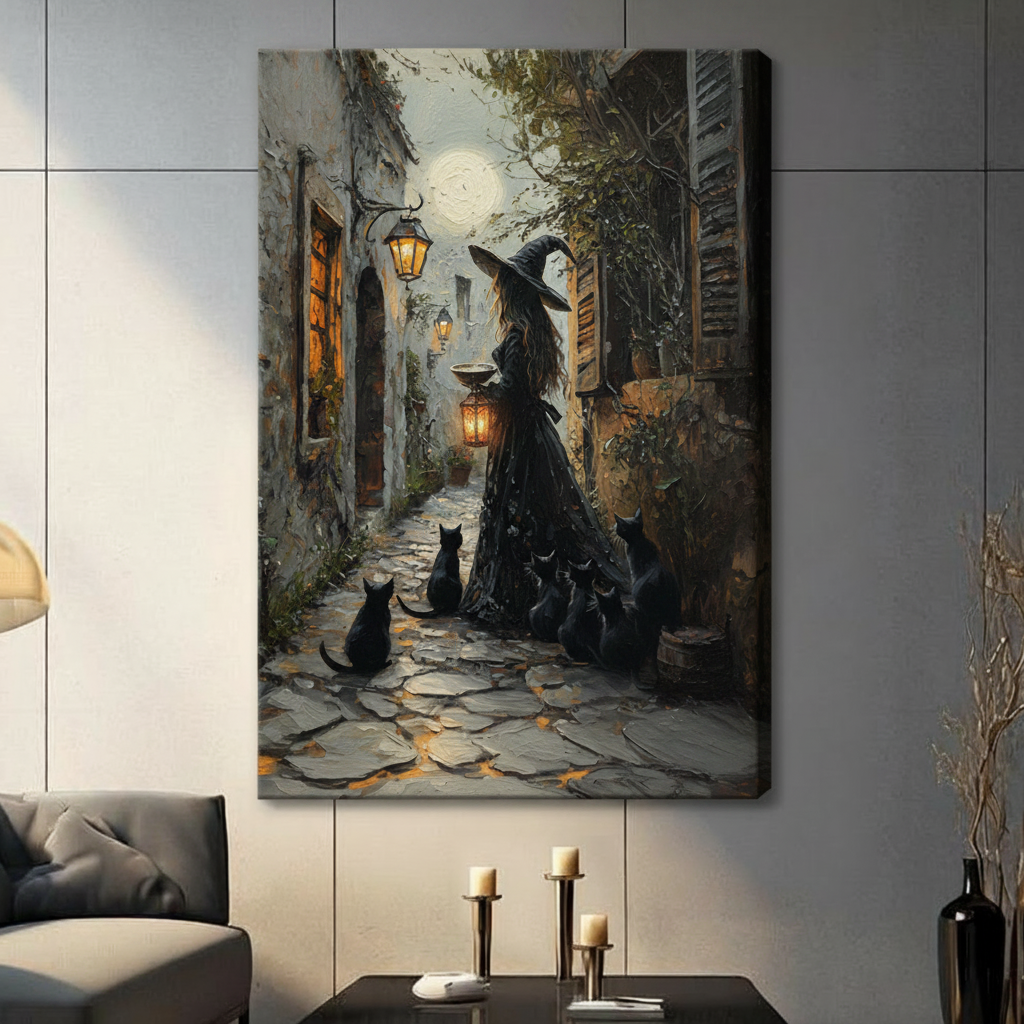 Gothic Witch Black Cats Moonlit Canvas Wall Art