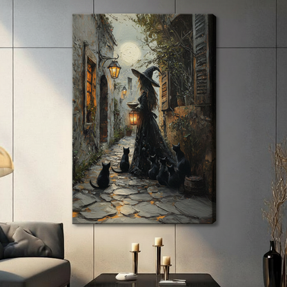 Gothic Witch Black Cats Moonlit Canvas Wall Art