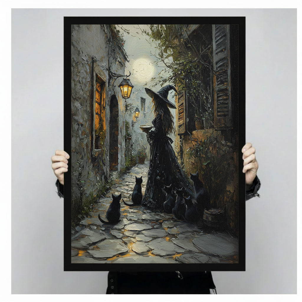 Gothic Witch Black Cats Moonlit Canvas Wall Art