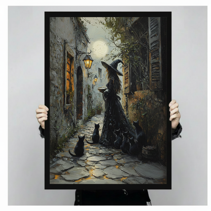 Gothic Witch Black Cats Moonlit Canvas Wall Art