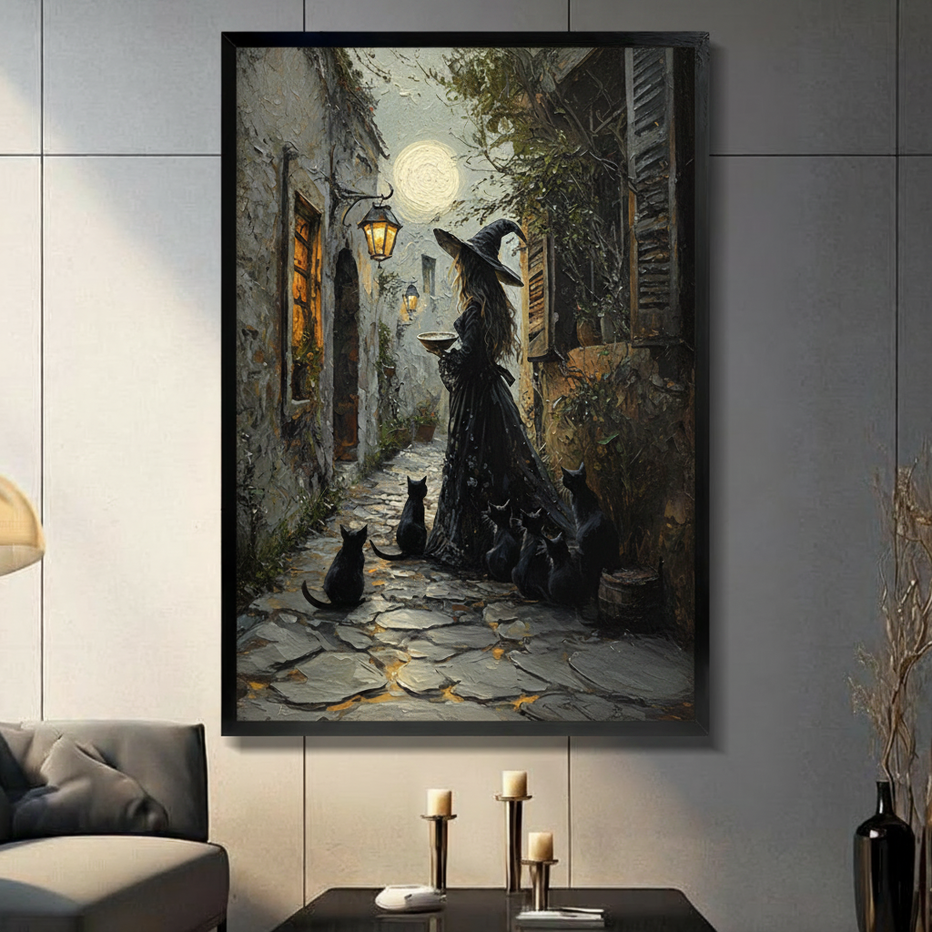 Gothic Witch Black Cats Moonlit Canvas Wall Art