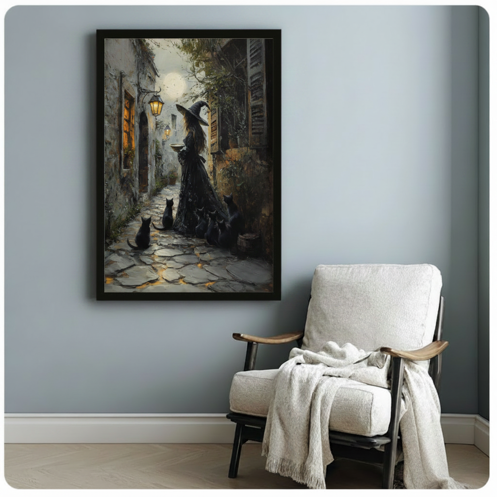 Gothic Witch Black Cats Moonlit Canvas Wall Art