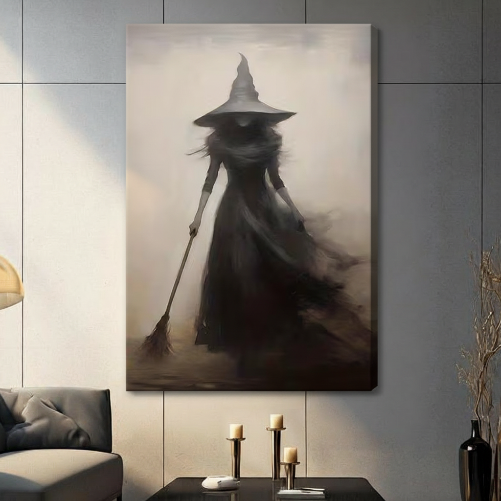 Dark Witch Silhouette Broom Gothic Canvas Wall Art