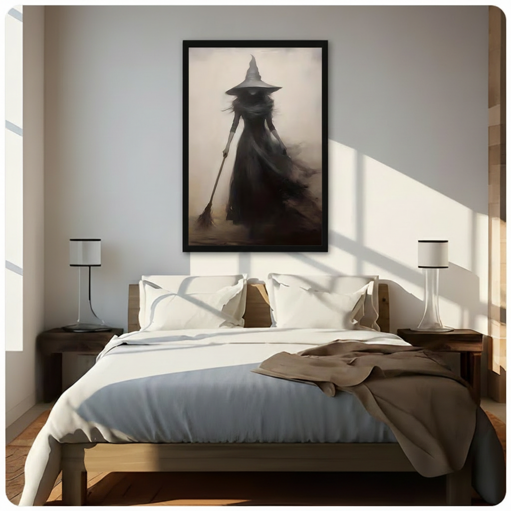 Dark Witch Silhouette Broom Gothic Canvas Wall Art