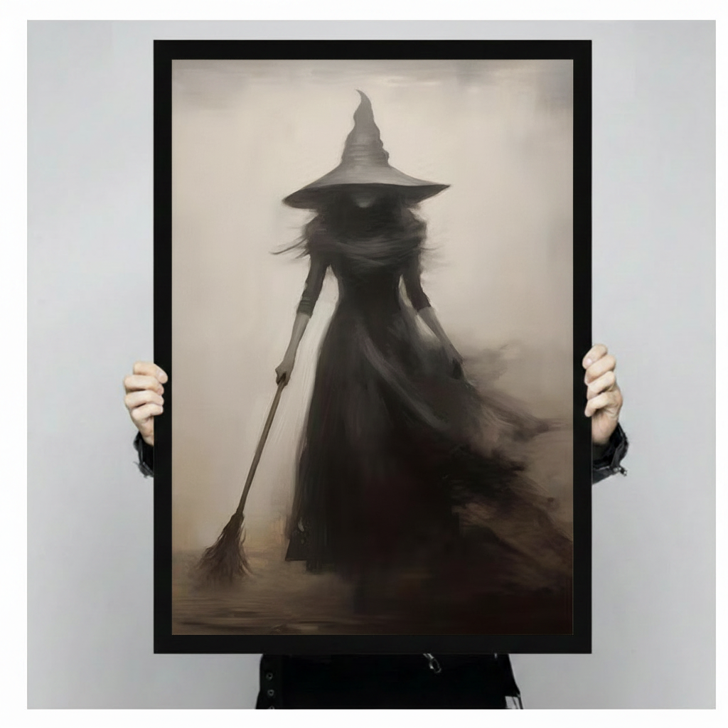 Dark Witch Silhouette Broom Gothic Canvas Wall Art