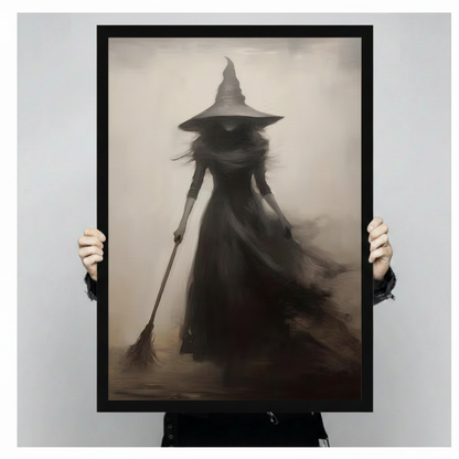 Dark Witch Silhouette Broom Gothic Canvas Wall Art