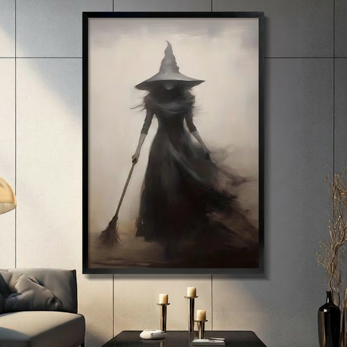 Dark Witch Silhouette Broom Gothic Canvas Wall Art