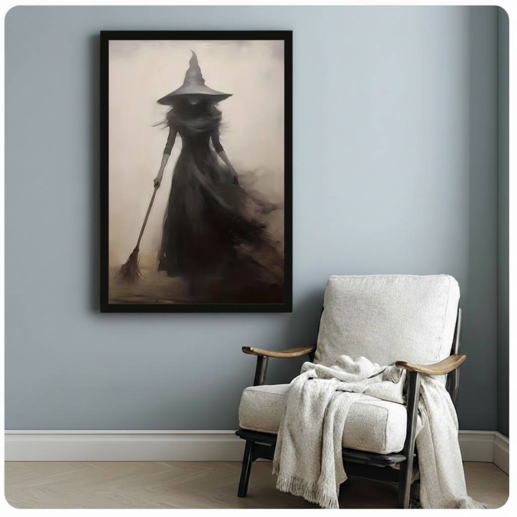 Dark Witch Silhouette Broom Gothic Canvas Wall Art