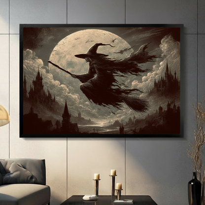 Gothic Witch Flying Moon Framed Canvas Art Wall Art