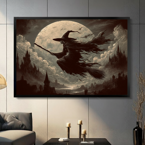 Gothic Witch Flying Moon Framed Canvas Art Wall Art