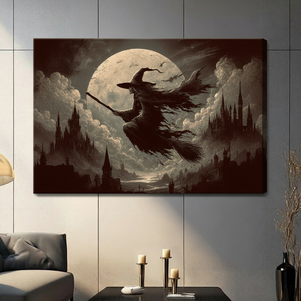 Gothic Witch Flying Moon Framed Canvas Art Wall Art