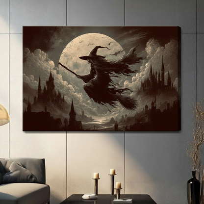 Gothic Witch Flying Moon Framed Canvas Art Wall Art
