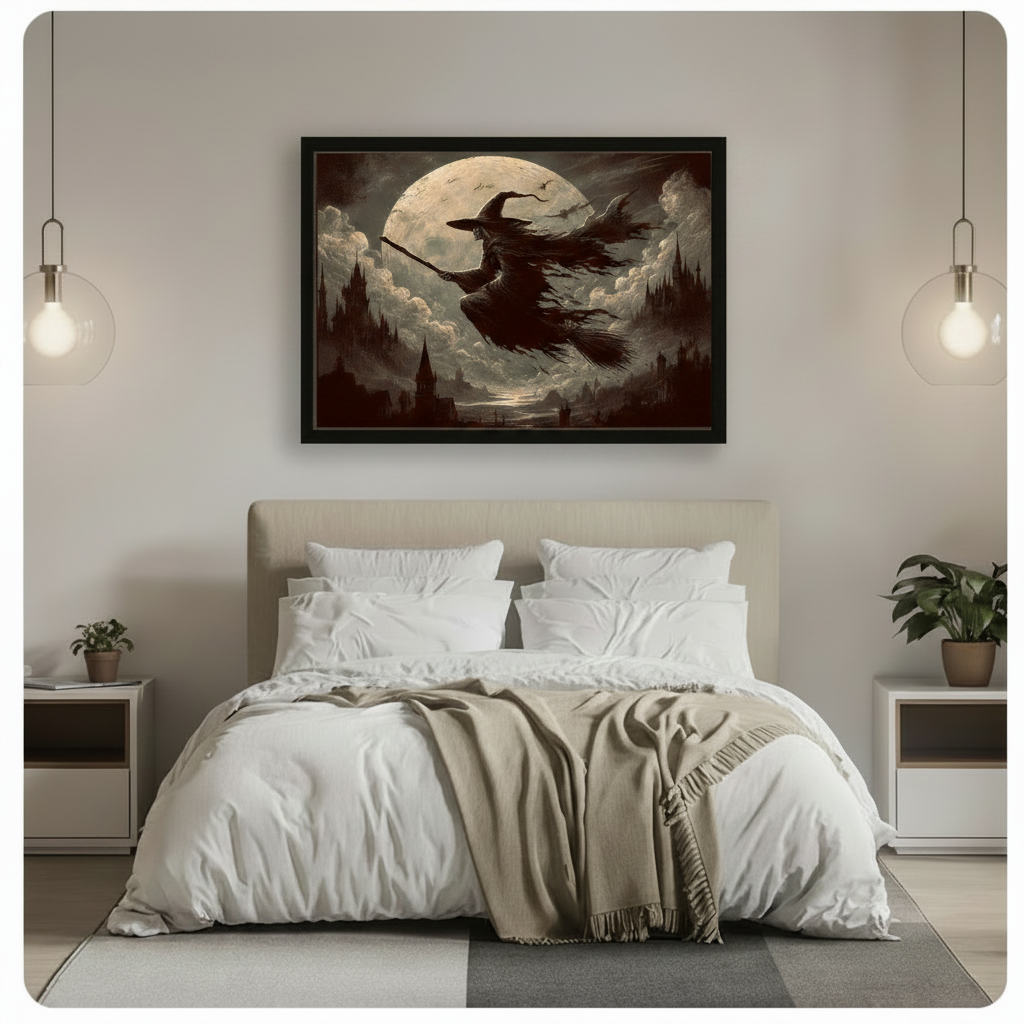 Gothic Witch Flying Moon Framed Canvas Art Wall Art