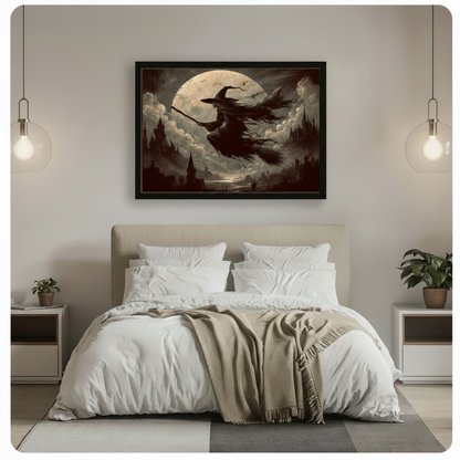 Gothic Witch Flying Moon Framed Canvas Art Wall Art
