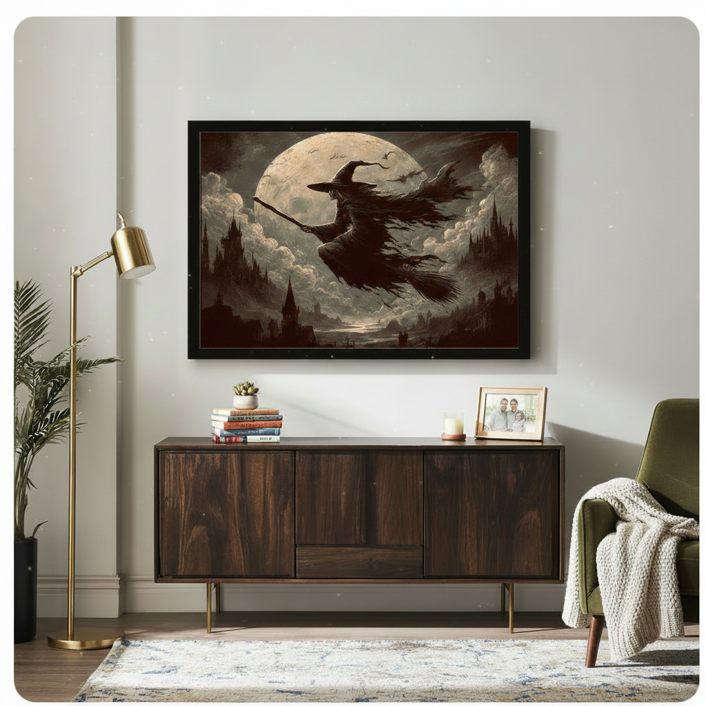 Gothic Witch Flying Moon Framed Canvas Art Wall Art