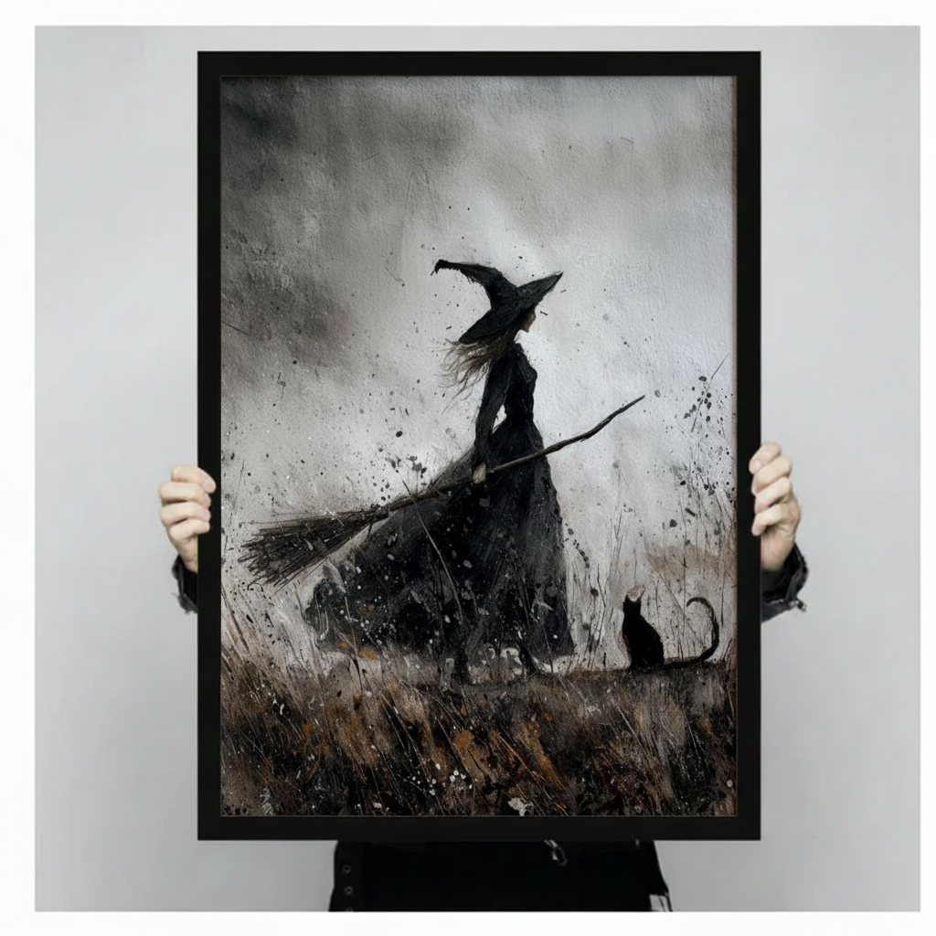 Witch & Black Cat Dark Gothic Canvas Art Wall Art