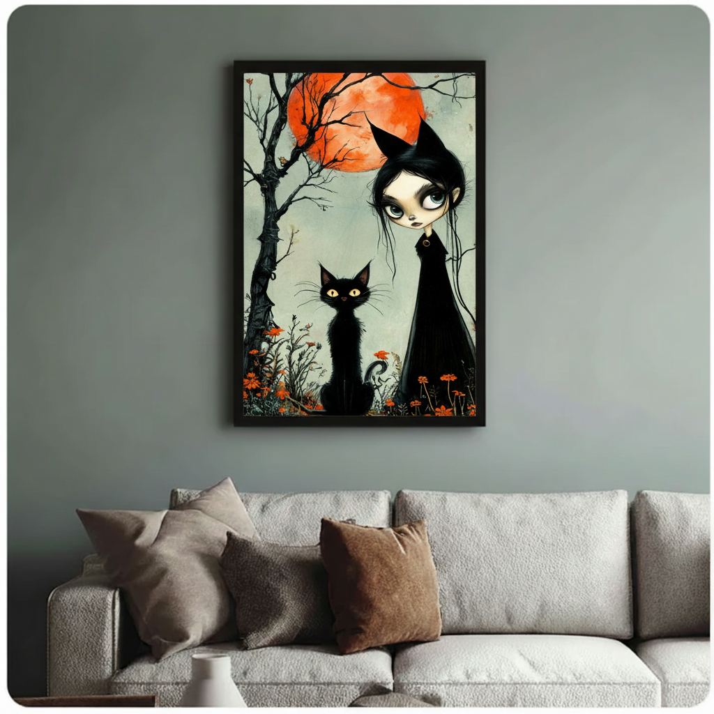 Gothic Witch Cat Spooky Wall Canvas Wall Art