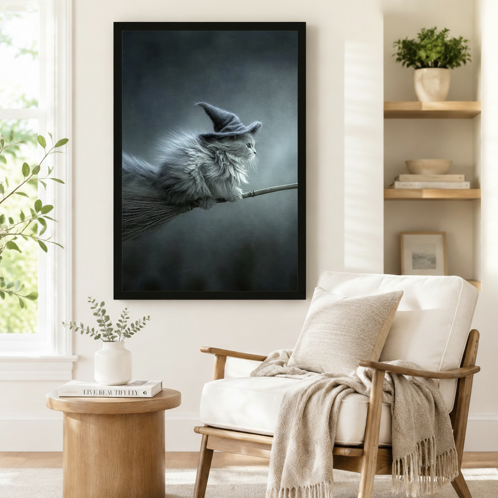 Witch Cat on Broomstick Gothic Canvas Wall Art