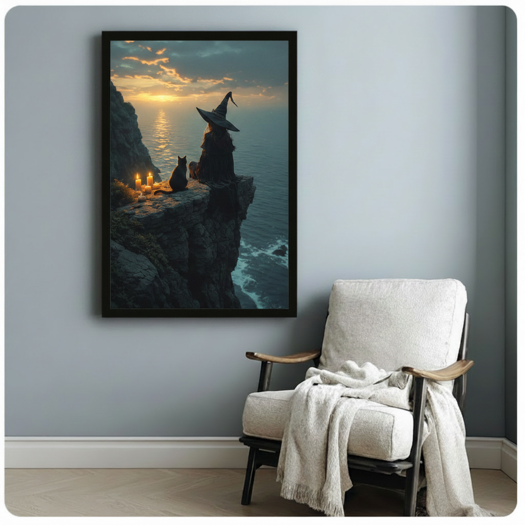 Witch & Black Cat Cliff Sunset Gothic Canvas Art