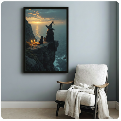 Witch & Black Cat Cliff Sunset Gothic Canvas Art