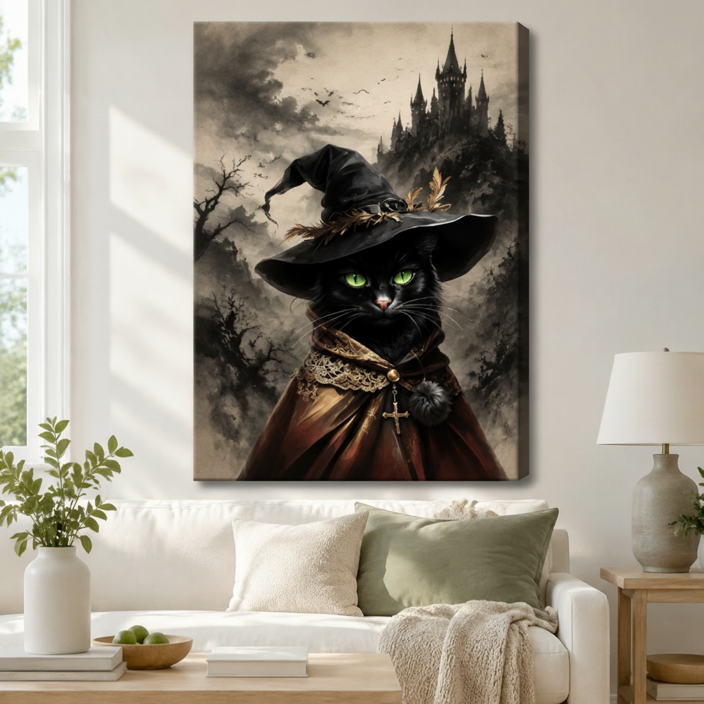 Gothic Black Cat Witch Framed Canvas Art Wall Art