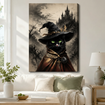 Gothic Black Cat Witch Framed Canvas Art Wall Art