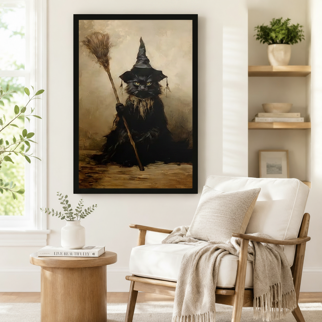Gothic Witch Cat Dark Academia Canvas Art Wall Art