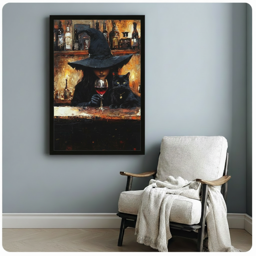 Gothic Witch Black Cat Wine Bar Canvas Art Wall Art